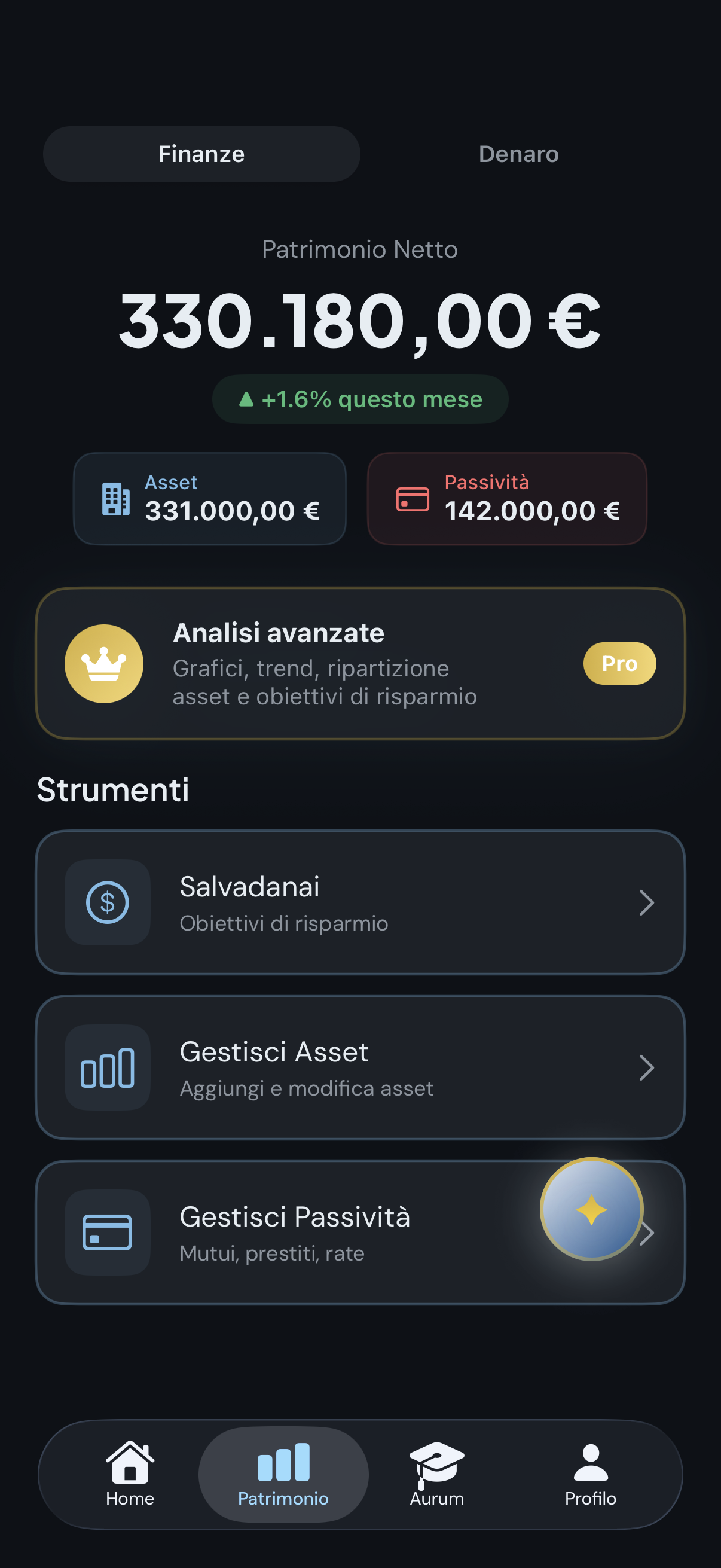 Aurum — Schermata Patrimonio